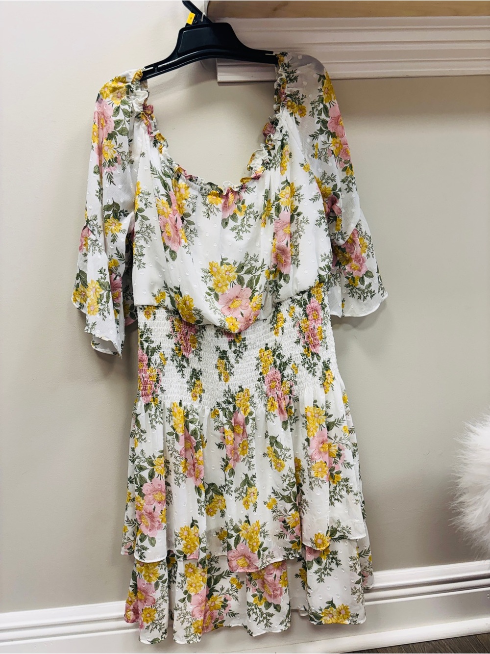 Premier White Floral Tiered Mini Dress with Pink & Yellow Blooms
